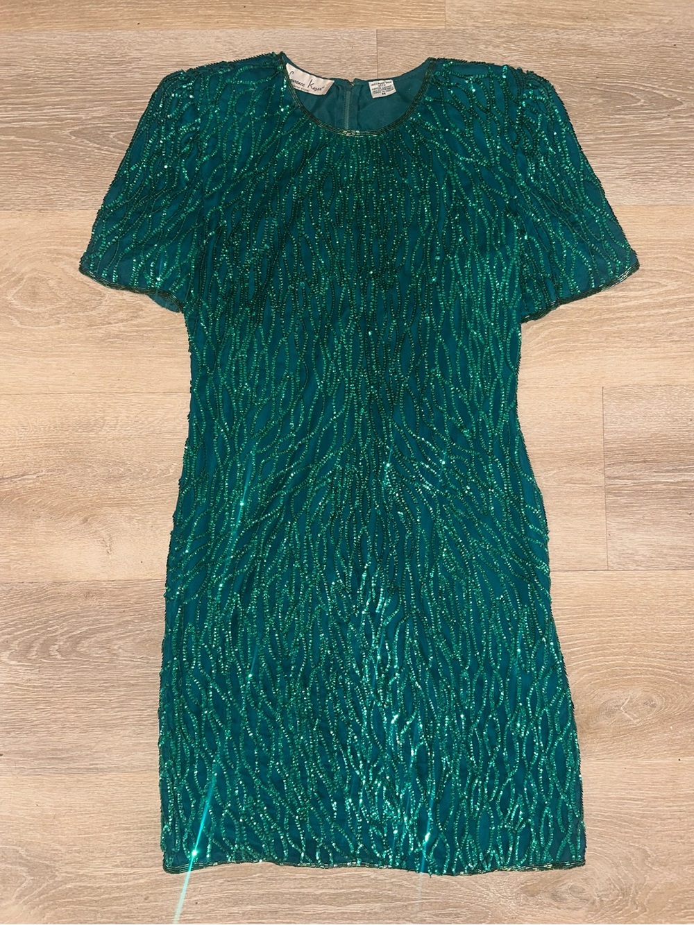 Vintage Laurence Kazar Silk Beaded Sequin Cocktail Dress Emerald Green M